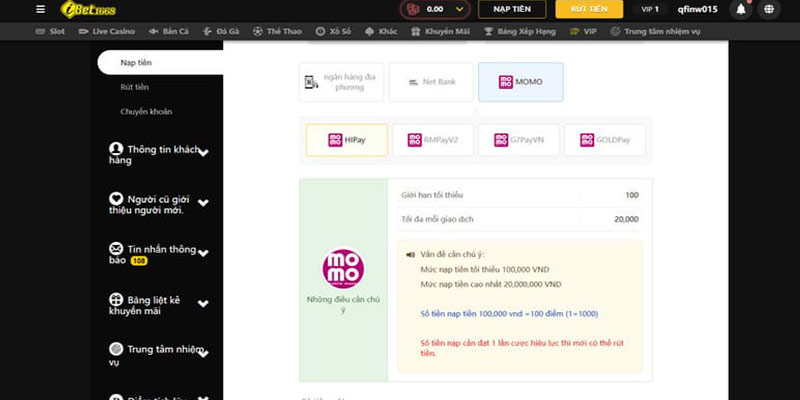 Cách nạp tiền iBet1668 thông qua ví MoMo